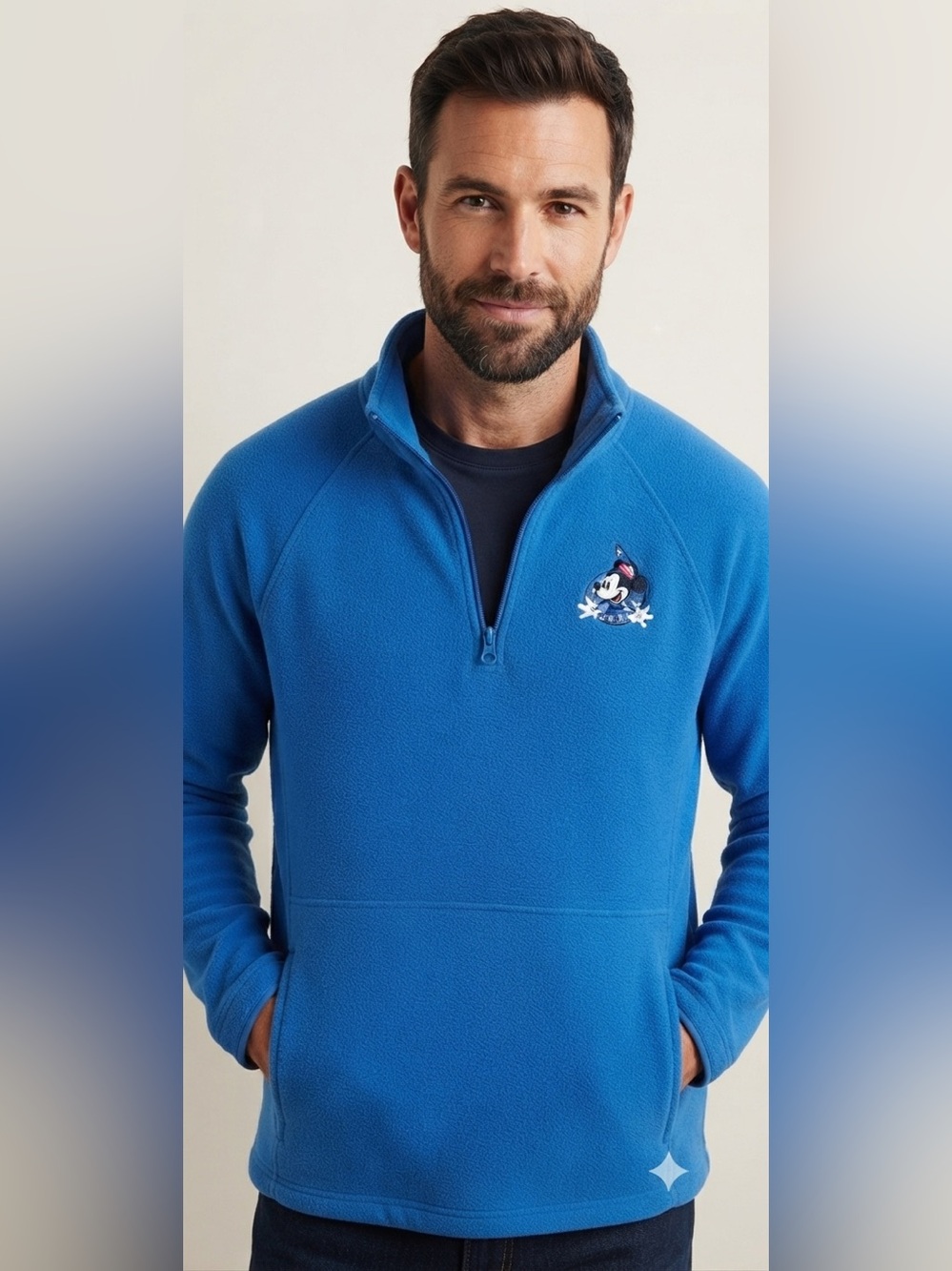 Disney Men's Blue Half-Zip Fleece with Mickey Embroidery